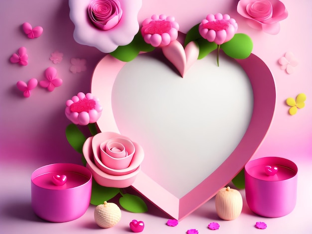 Corazón rosa con vela y flores.