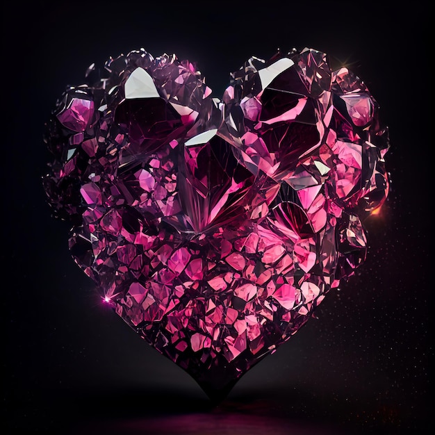 Corazón roto hecho de zafiro rosa aislado sobre fondo negro