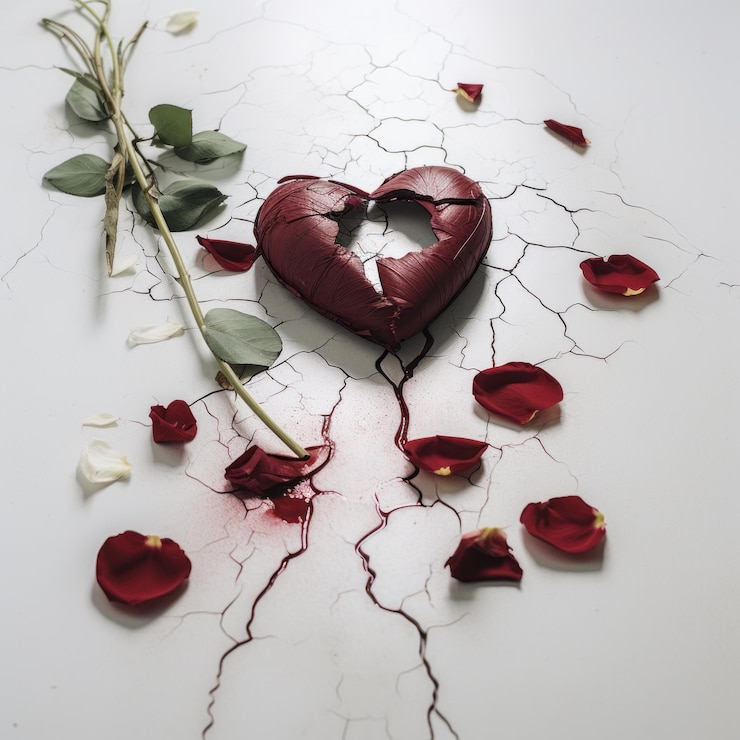 Foto un corazón roto con pétalos de rosa y rosa en la superficie agrietada