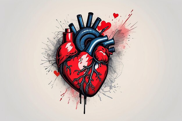 Corazón roto con pluma y tinta dibujando estilo de ilustración en fondo de color