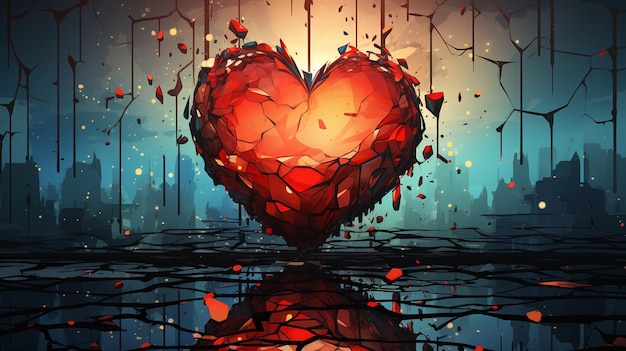 Corazón roto con pluma y tinta dibujando estilo de ilustración en fondo de color