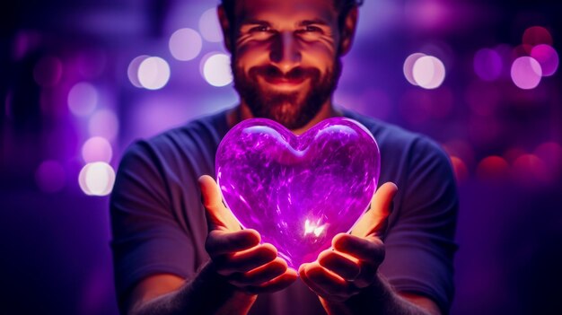 Corazón de San Valentín en manos masculinas idea de corazón brillante de neón para una tarjeta de felicitación por San Valentín