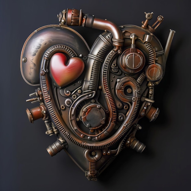 Foto corazón steampunk con tubos brillantes sobre un fondo oscuro