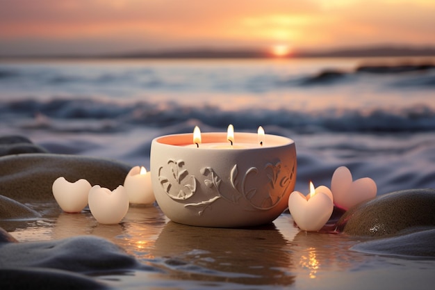 Corazón de vela de aroma blanco encendido y guijarros en fondo de piedra Tarjeta de felicitación para boda o celebración