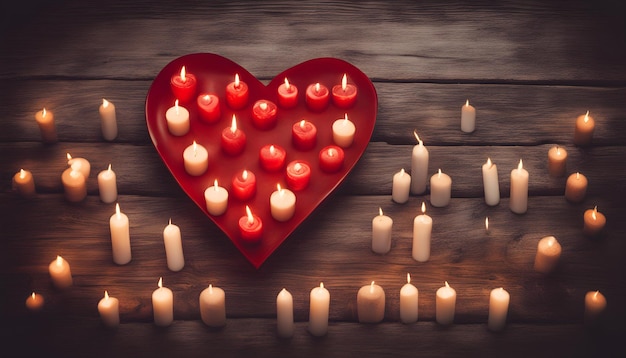 Foto un corazón con velas y un corazón con un corazón en el fondo de madera