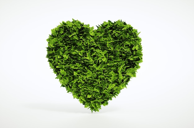 Corazón verde aislado sobre fondo blanco. Ilustración 3D.