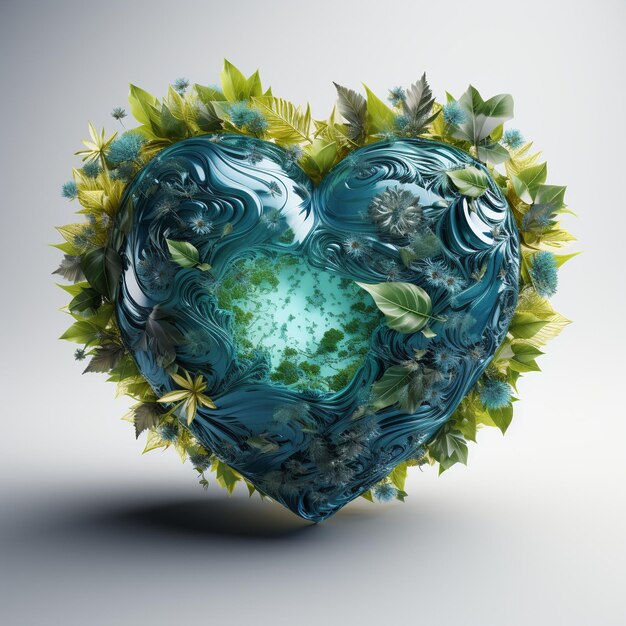 Foto un corazón verde azul con el planeta en el interior en un blanco
