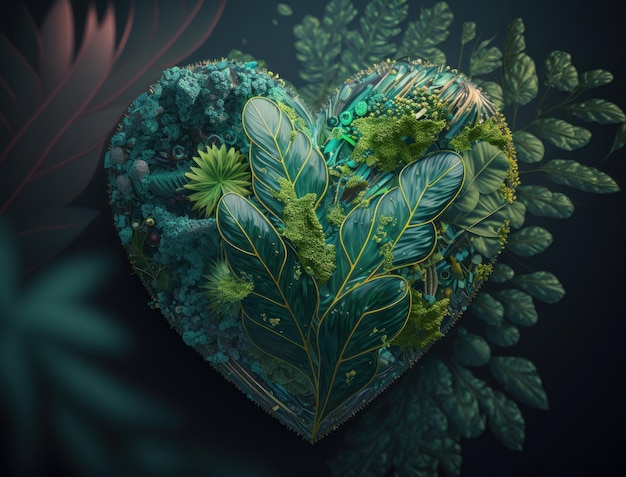 Corazón verde formado por follaje que representa la protección del medio ambiente creado con tecnología de IA generativax9