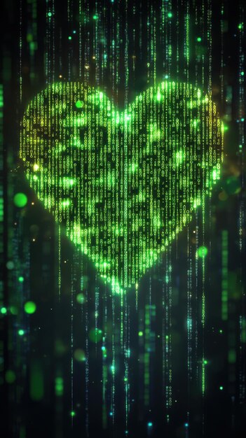 Corazón verde hecho de patrones de código digital