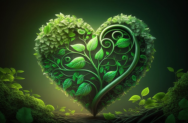 Un corazón verde con hojas y un logo en forma de corazón