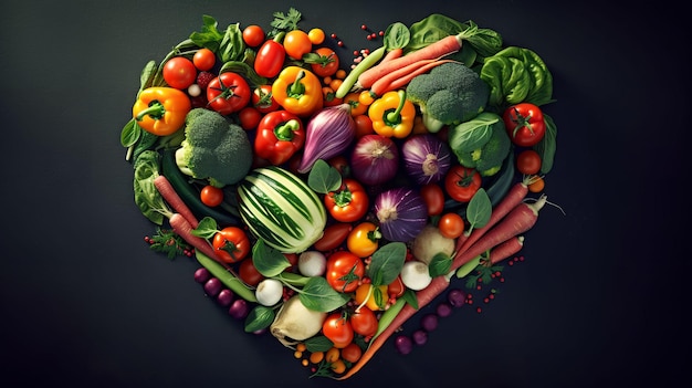 Un corazón de verduras con la palabra amor.