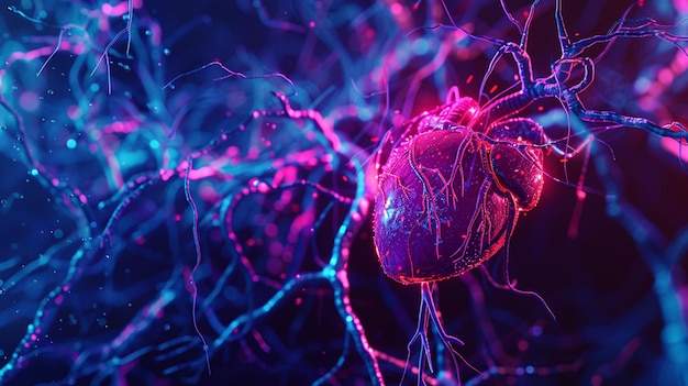 Un corazón vibrante y brillante en medio de una red de arterias representada en una imagen 3D de alta definición con un estado de ánimo