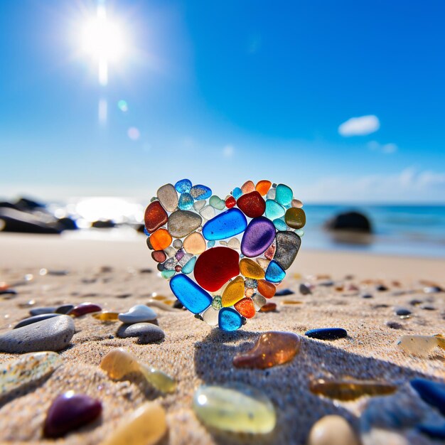 Corazón de vidrio colorido en la playa con sol y fondo de cielo azul