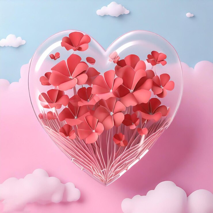 un corazón de vidrio con flores rojas 3D dentro del fondo de las nubes