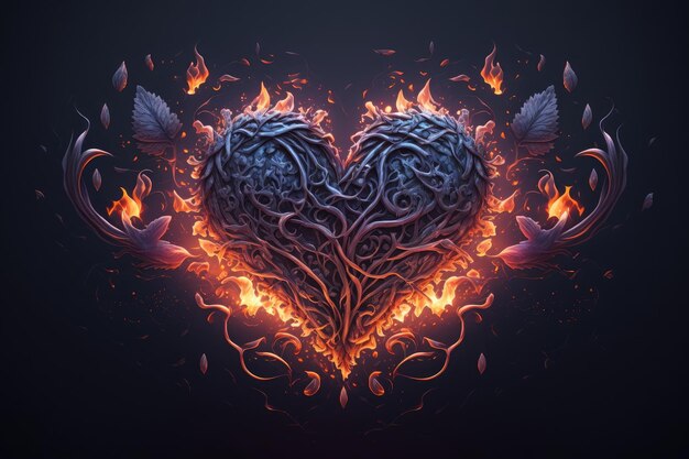 Corazones ardiendo en llamas sobre fondo gris oscuro ilustración digital