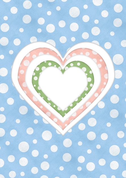 Corazones blancos en rosa, azul, verde y blanco con puntos de polca Modelo de postal listo en estilo de corte de papel
