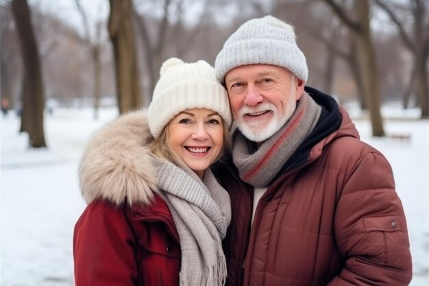 Corazones cálidos en un parque de invierno Una pareja de ancianos sonriendo a la cámara