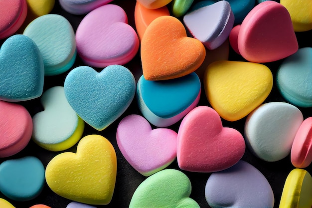 Corazones de caramelo de colores sobre un fondo negro AI generativa del día de San Valentín