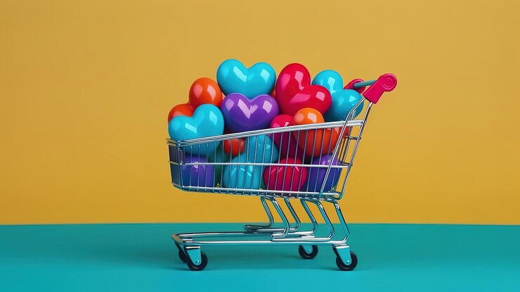 Corazones en carrito de compras y carrito de supermercado contra fondo de color Generativo Ai
