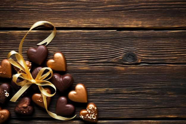 Corazones de chocolate con una cinta dorada sobre un fondo de madera