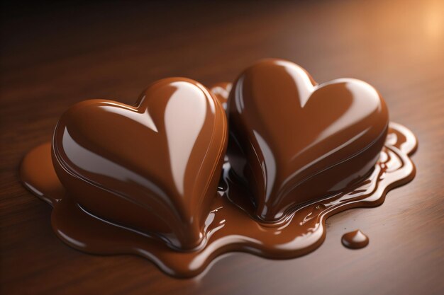 Los corazones de chocolate se derriten en una barra de chocolate negro.