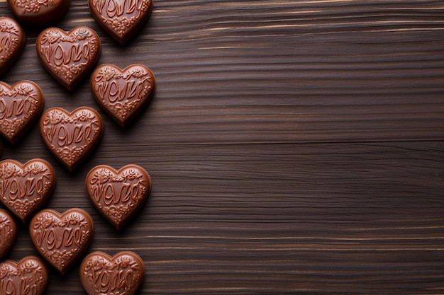 Foto corazones de chocolate con escritura en portugués me encanta copiar el espacio vista superior