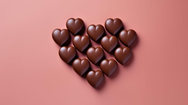 Corazones de chocolate en rosa en un fondo en forma de corazón