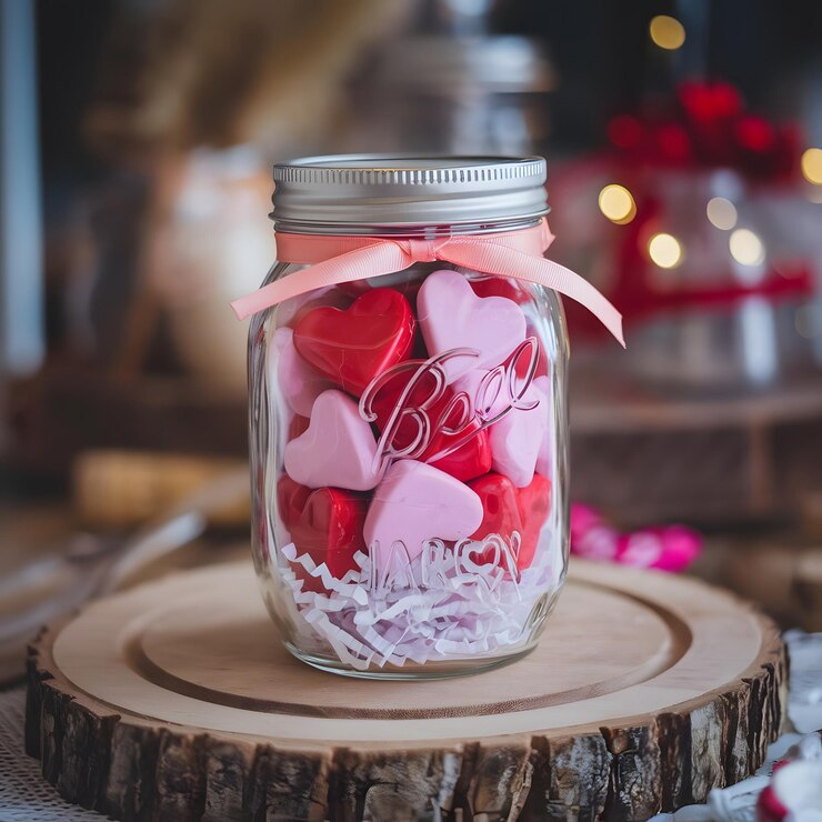 Corazones de chocolate de San Valentín en un frasco
