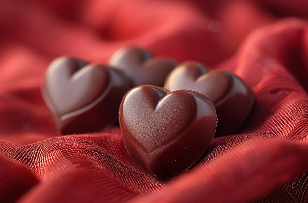 Corazones de chocolate en tela roja perfectos para el Día de San Valentín