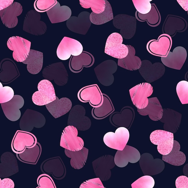 Corazones de color rosa brillante de diferentes texturas sobre un fondo azul oscuro Ilustración de acuarela Patrón sin costuras de la colección DÍA DE SAN VALENTÍN Para la decoración y el diseño de papel de embalaje