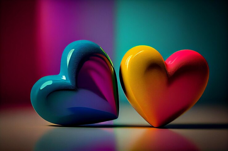 Corazones de colores sobre un fondo azul generativo ai