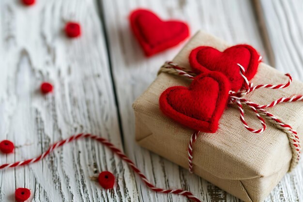 Foto corazones de fieltro rojo en un regalo y caja de regalo en blanco