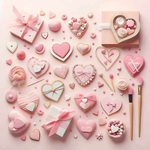 Corazones lindos en una mesa rosa pastel Tarjetas de composición para el Día de San Valentín