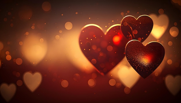 corazones luminosos con bokeh, en el día de san valentín, romance, ilustración digital, representación 3d