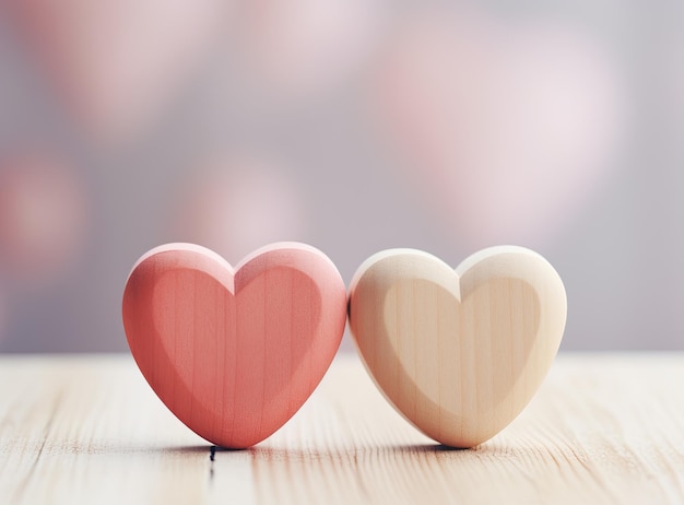 Corazones de madera en la mesa en el día de San Valentín