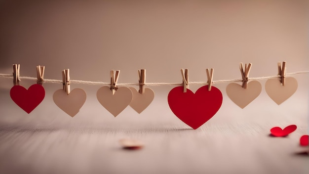 Corazones de madera y pinzas de ropa en una cuerda sobre un fondo de madera blanca