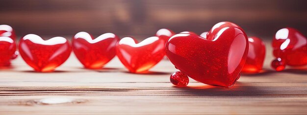 corazones en una mesa de madera con corazones rojos en el fondo