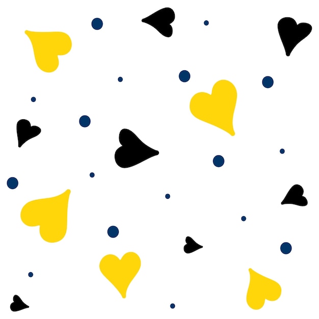 Corazones negros y amarillos y lunares azules en patrones sin fisuras de fondo blanco