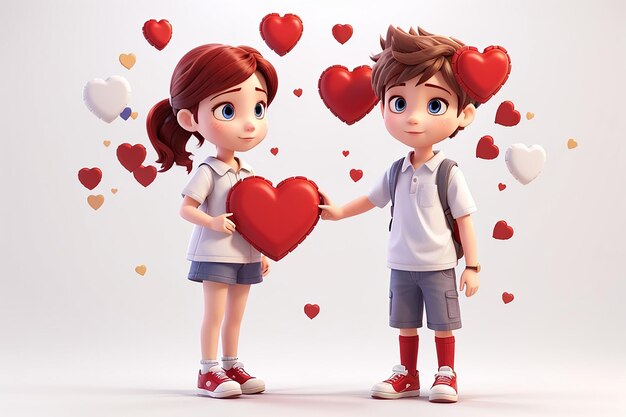 Corazones de niño y niña 3D aislados fondo blanco Renderización 3D