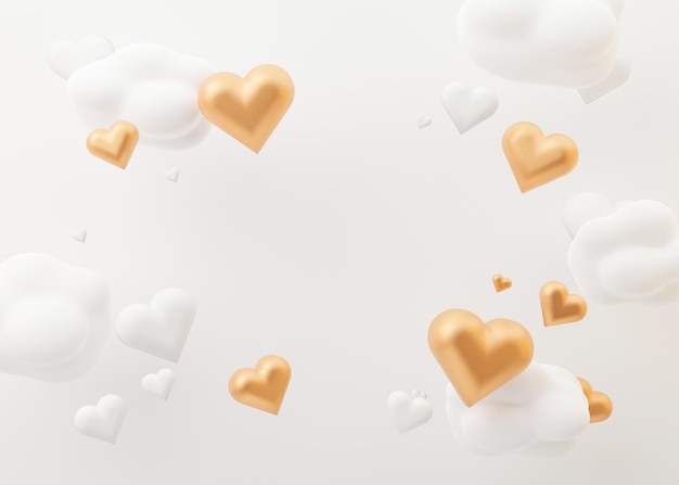 Corazones y nubes blancas y doradas Fondo del día de San Valentín con espacio libre para espacio de copia de texto Diseño de tarjeta de felicitación postal con corazones Ilustración 3D Amor