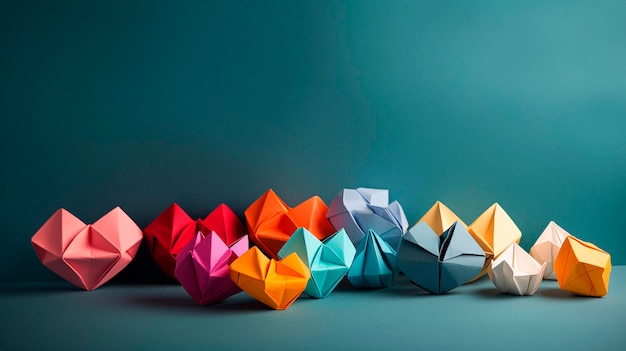 Corazones de origami de colores sobre la mesa