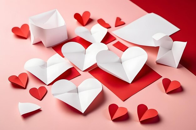 Corazones de papel blanco con notas rojas en papel rosa