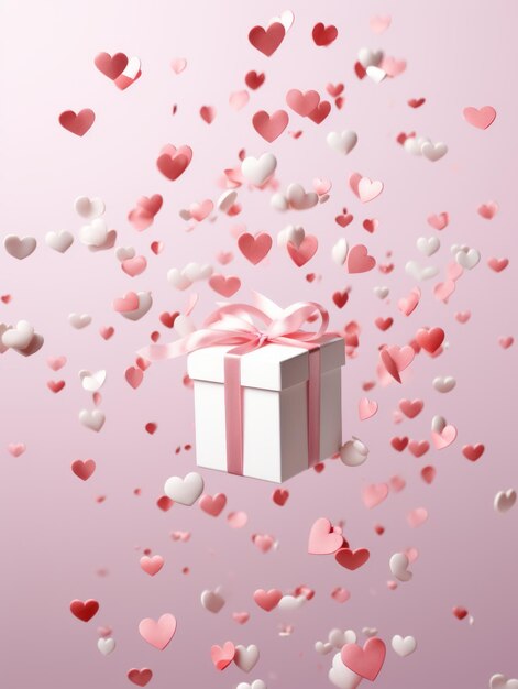 Corazones de papel rosado que caen de la caja de regalos
