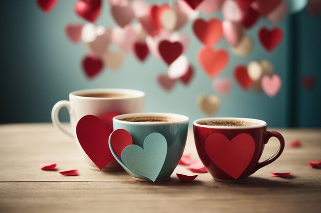 Foto corazones de papel entre las tazas de café