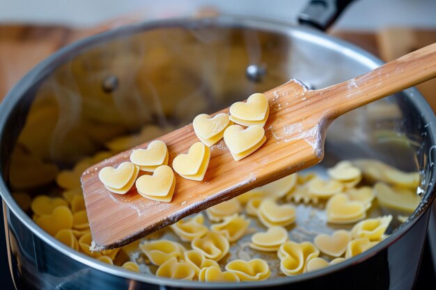 Foto corazones de pasta en una espátula de madera por encima de una olla de cocción