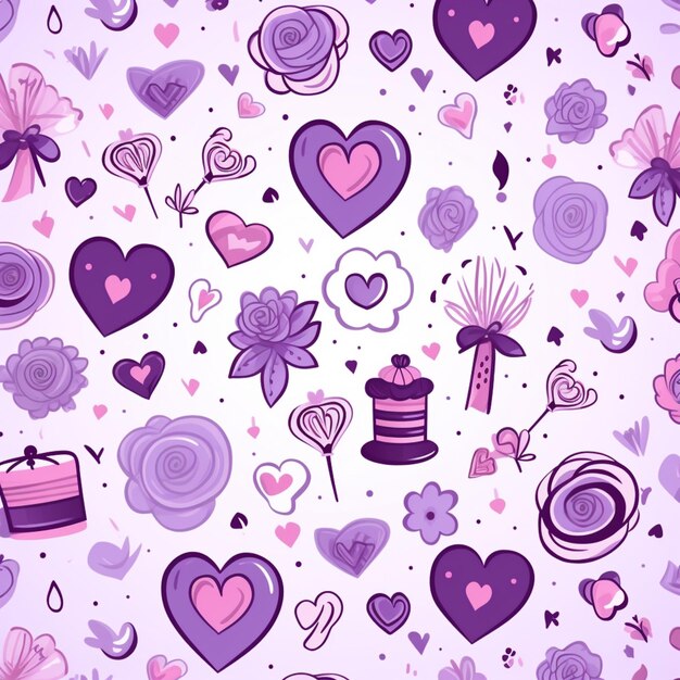 Foto corazones púrpuras y rosas y flores sobre un fondo blanco generativo ai