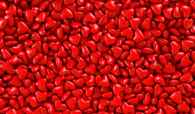Corazones rojos en una caja. Textura de fondo de corazones. Ilustración de renderizado 3D. Día de San Valentín.