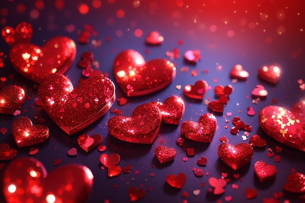 Los corazones rojos de Lovelt brillan en el fondo del día de San Valentín