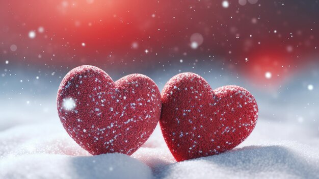 Corazones rojos relucientes alineados en la nieve Símbolo de amor romántico y calor IA generativa