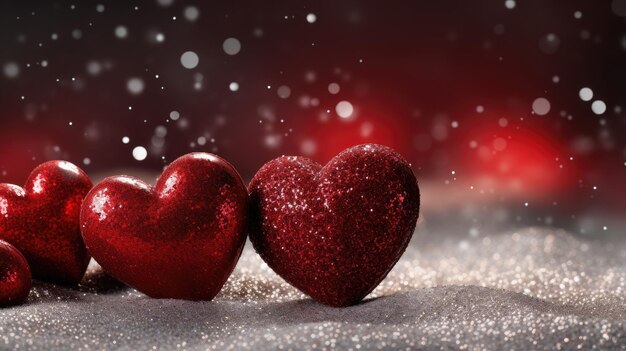 Foto corazones rojos relucientes alineados en la nieve símbolo de amor romántico y calor ia generativa